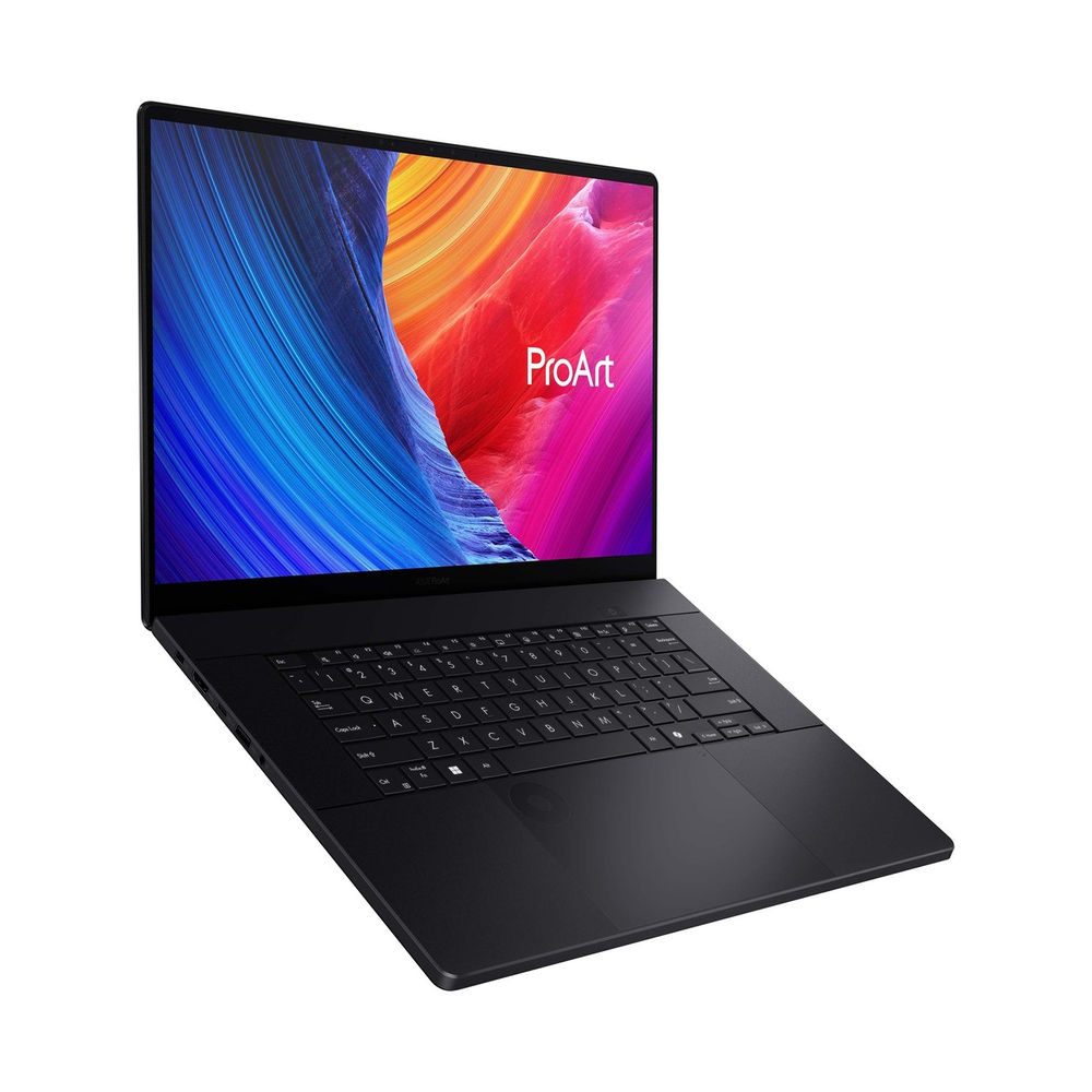 Ekranında canlı soyut duvar kağıdı bulunan siyah bir Asus ProArt dizüstü bilgisayar.