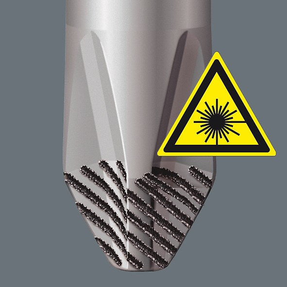 Punta grigia con simbolo nero di avviso laser su triangolo giallo.
