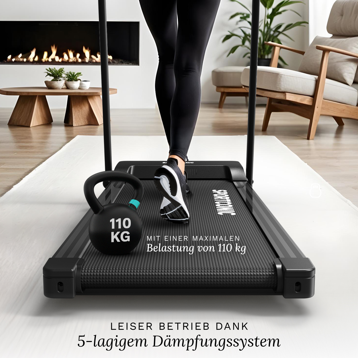 Een persoon traint op een loopband met een kettlebell van 110 kg ernaast.
