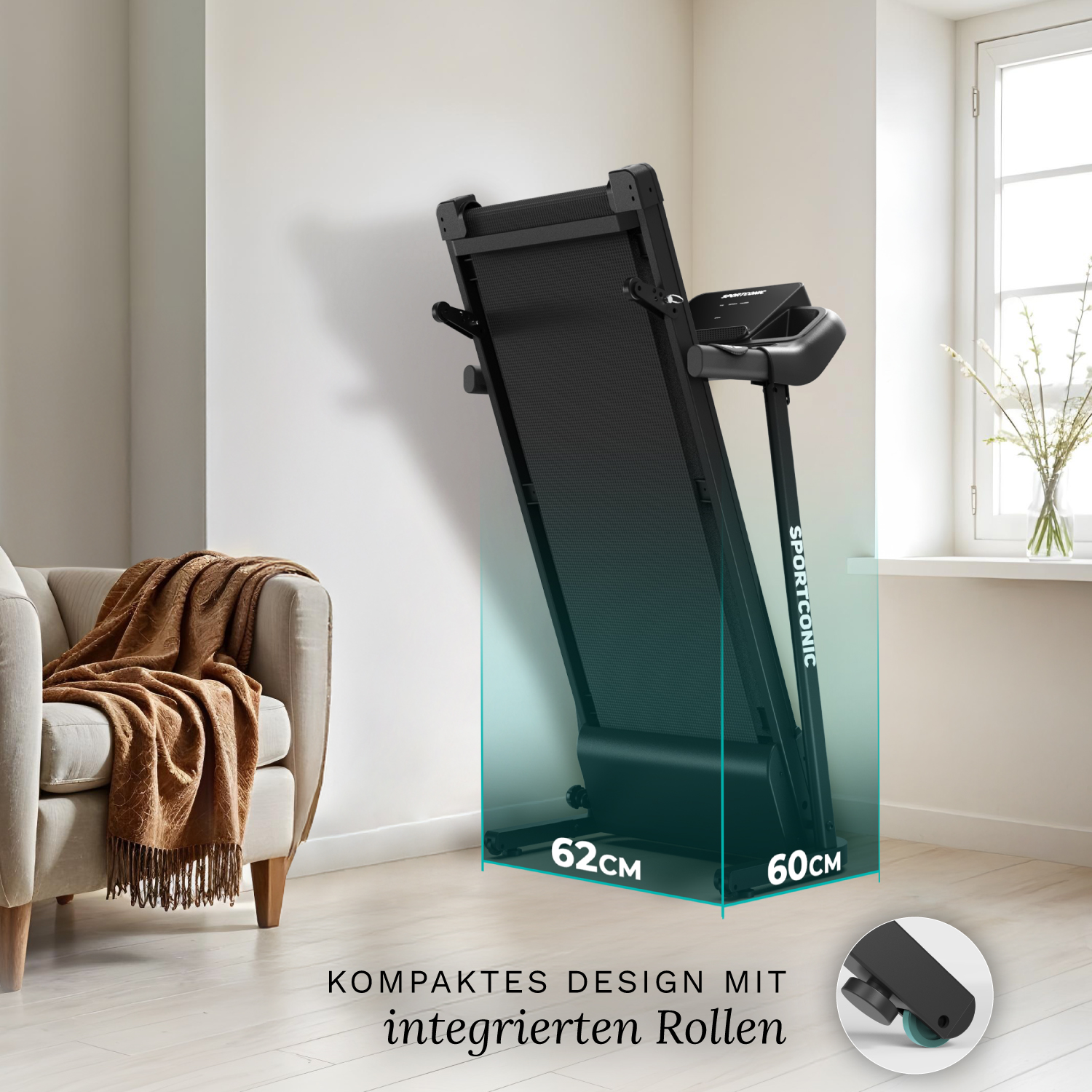 Zwarte loopband met display en wielen, naast een fauteuil met deken.