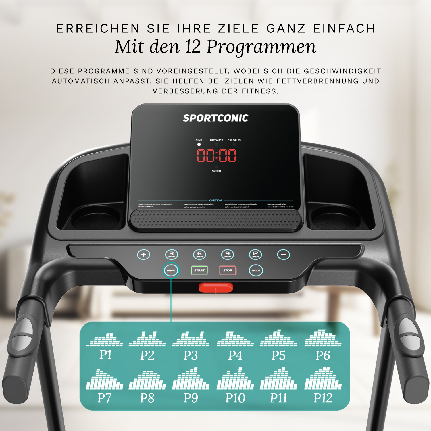 Een zwarte loopband met digitaal display en 12 programmapictogrammen.