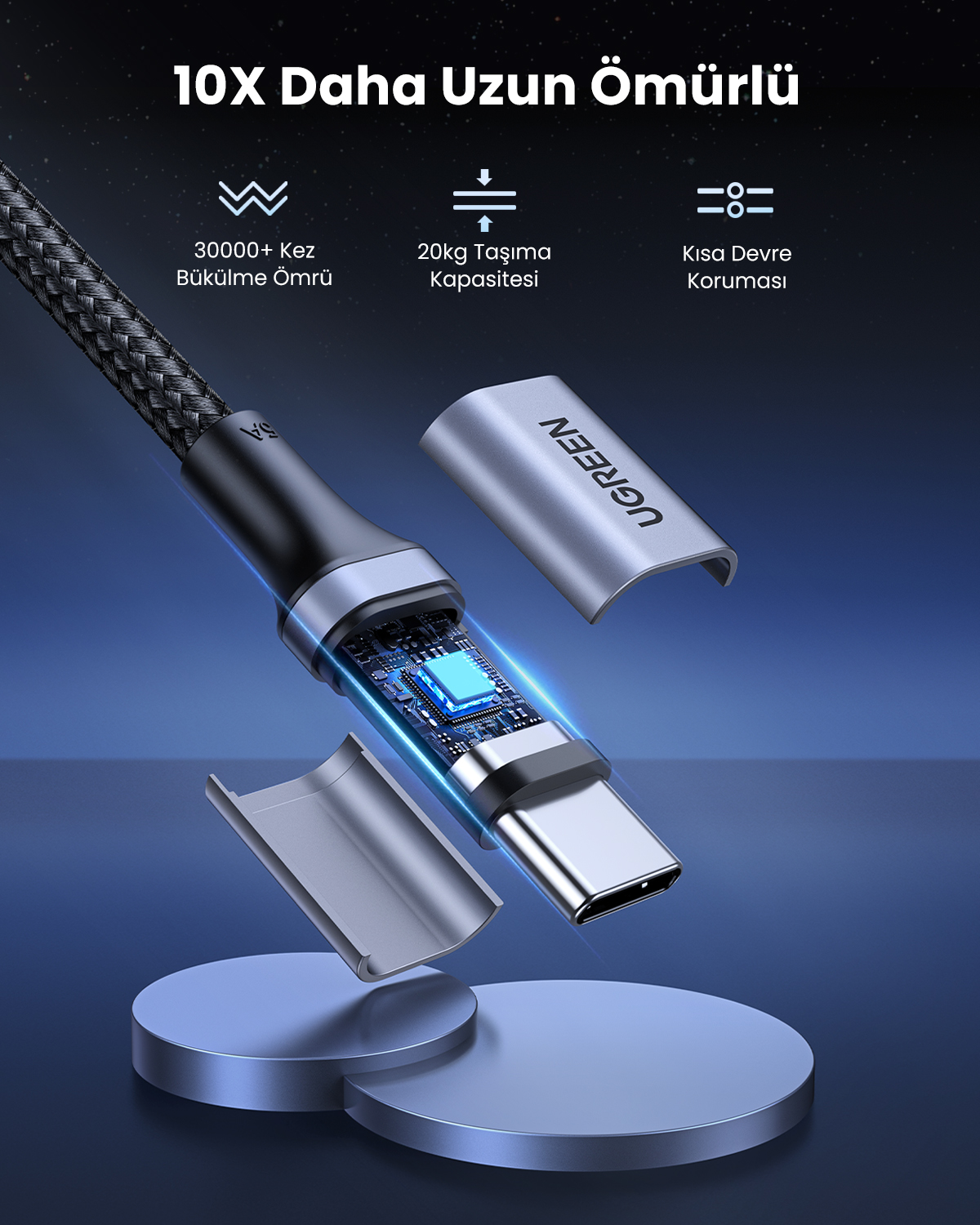 Ein USB-C-Kabel mit silbernen Anschlüssen und einem schwarzen Geflecht.