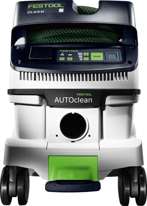 Ein weißer Festool Industriesauger mit schwarzer und grüner Schlauchaufwicklung oben.