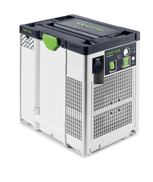 Un Festool Systainer bianco con coperchio nero, accenti verdi e controlli.
