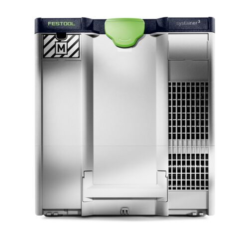 Una scatola portaoggetti Festool systainer 3 bianca con coperchio blu scuro e maniglia verde.