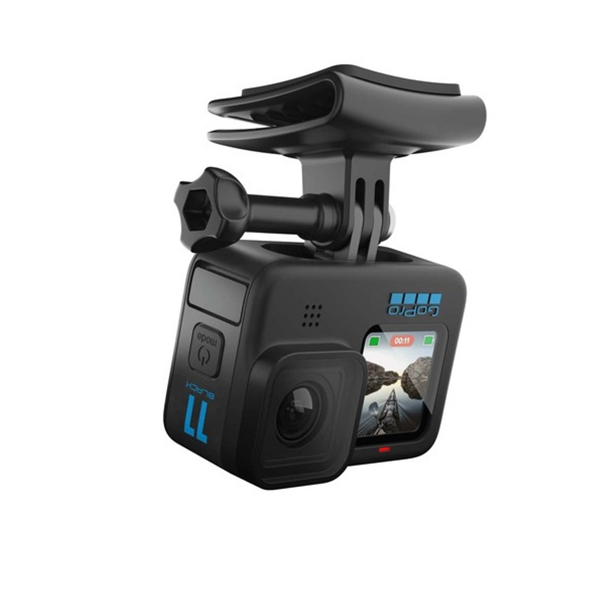 GoPro negra con soporte, pantalla muestra un paisaje.