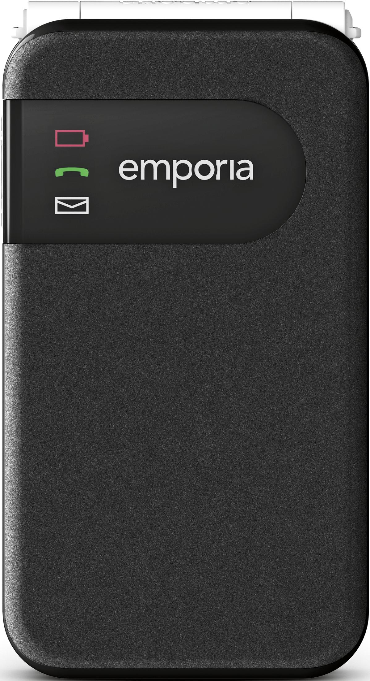Dispositivo nero Emporia con icone rosse, verdi e bianche in alto a sinistra.