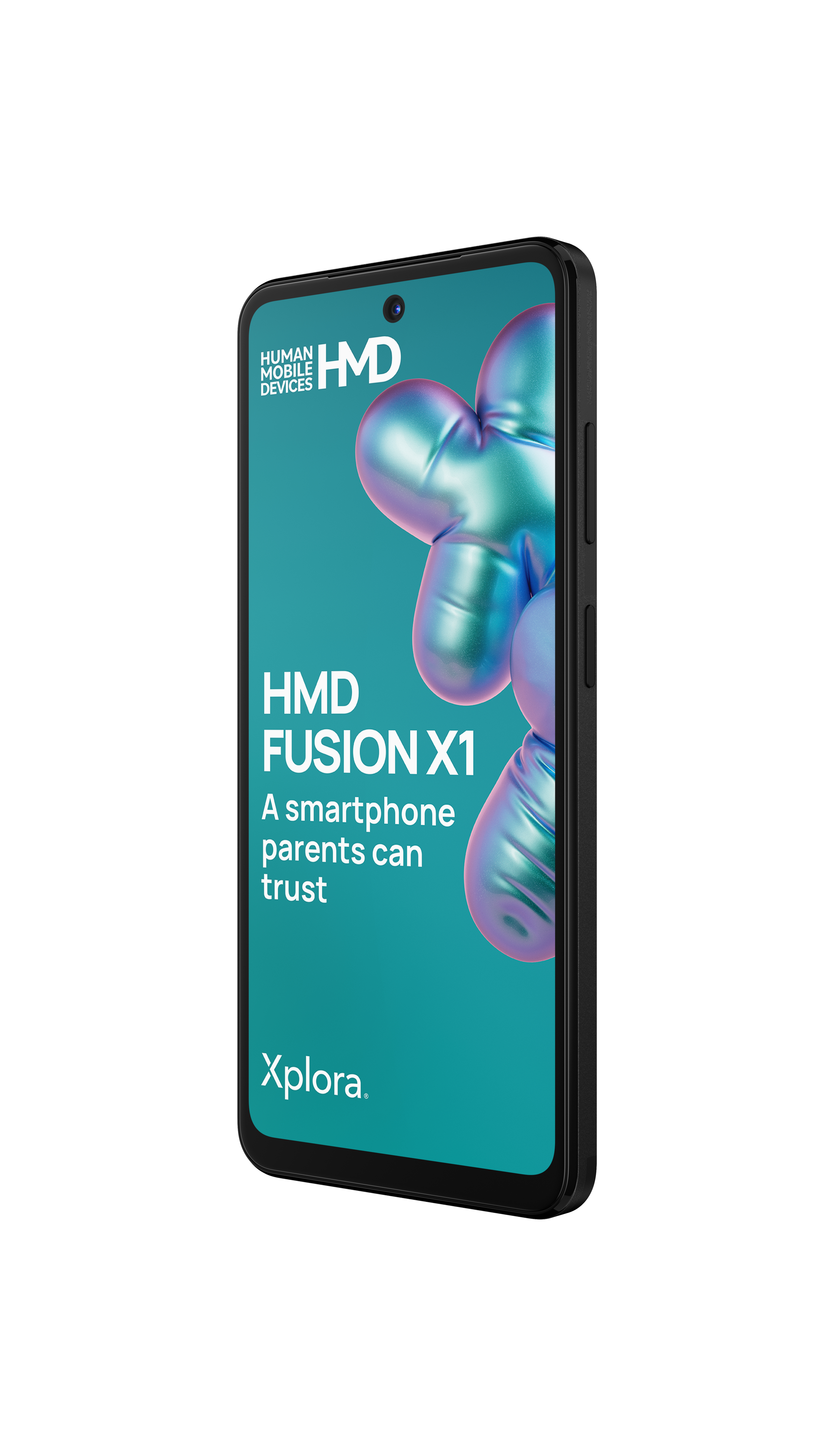 Ein schwarzes HMD Fusion X1 Smartphone mit tealfarbenem Bildschirm, der abstrakte Formen zeigt.