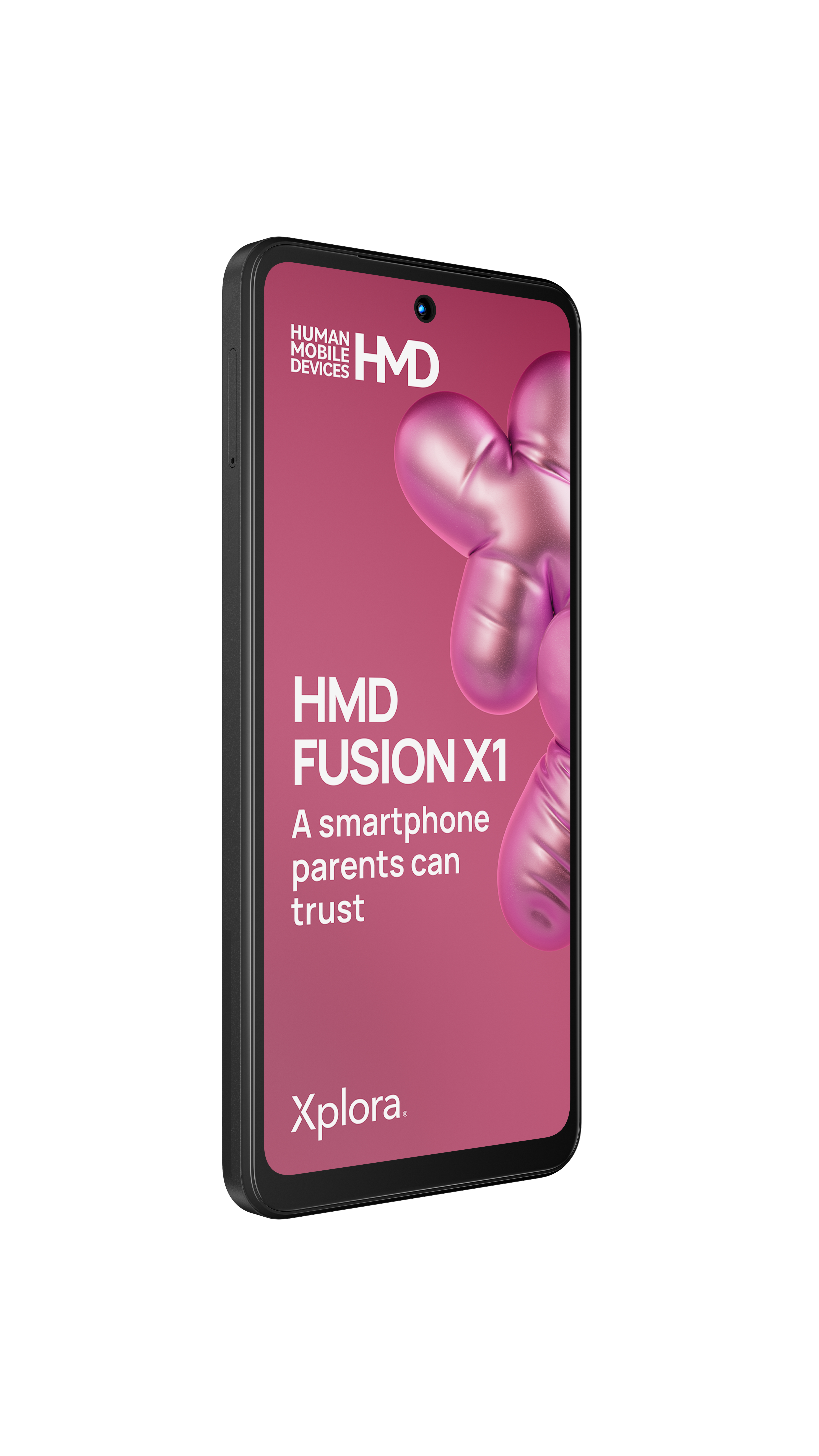 Ein HMD Fusion X1 Smartphone mit pinkem Hintergrund und Herz-Symbolen.