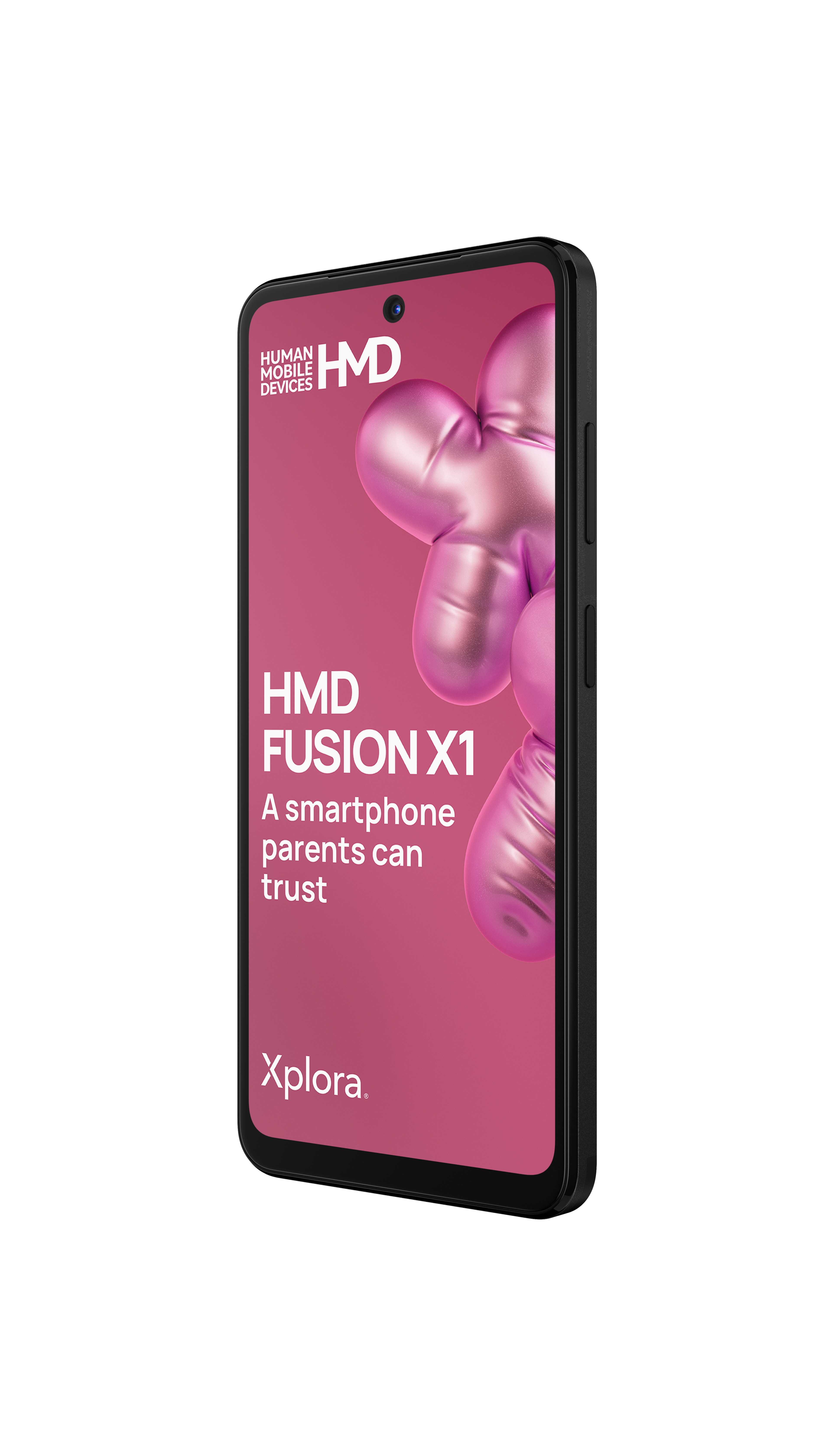 Ein Smartphone mit rosa Hintergrund, HMD Fusion X1 Logo und einem Herz-förmigen Muster.