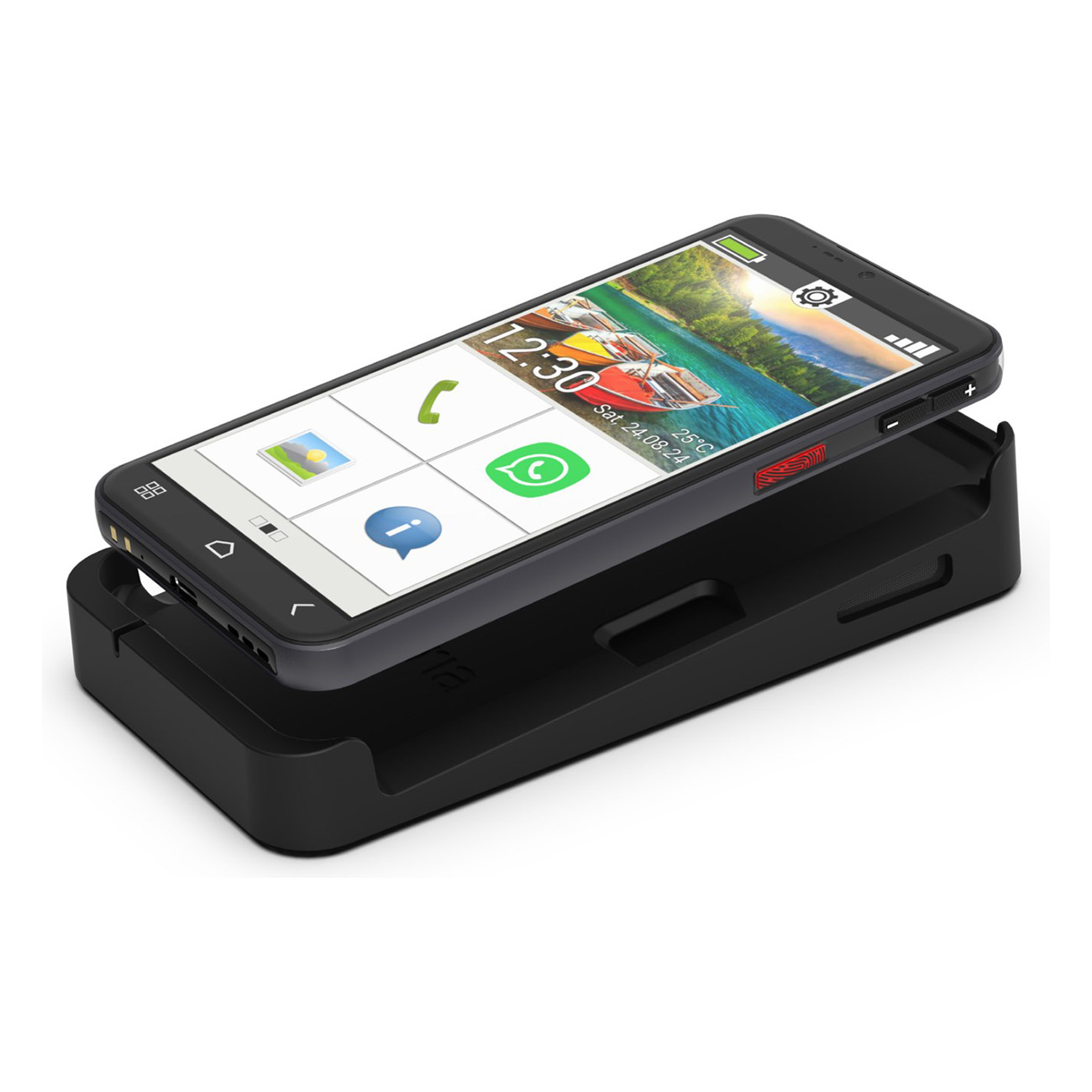 Ein schwarzes Smartphone auf einer schwarzen Ladestation, mit einem Bootsmotiv auf dem Bildschirm.