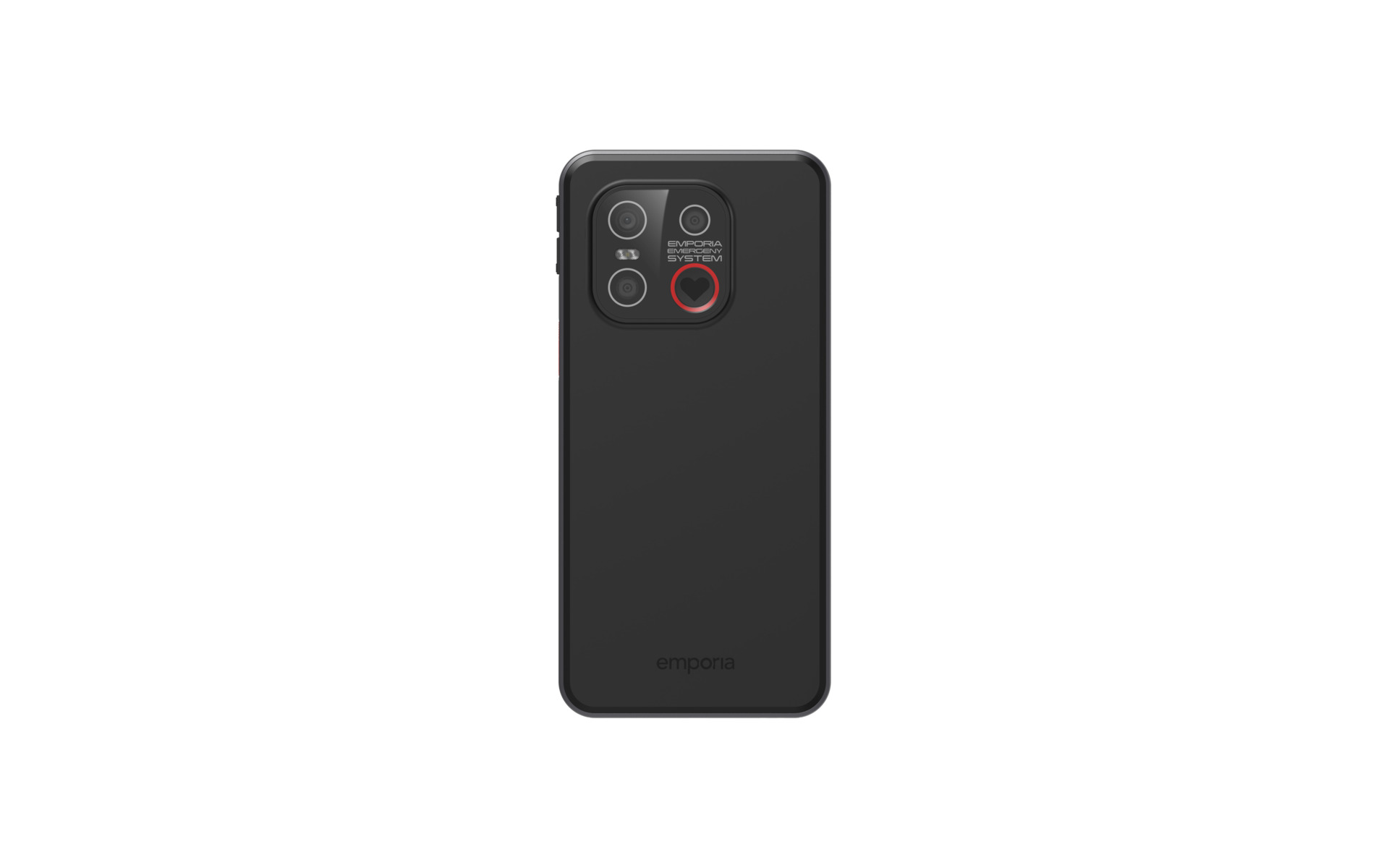 Rückseite eines schwarzen Smartphones mit dreifachem Kamerasystem und rotem Notrufknopf.
