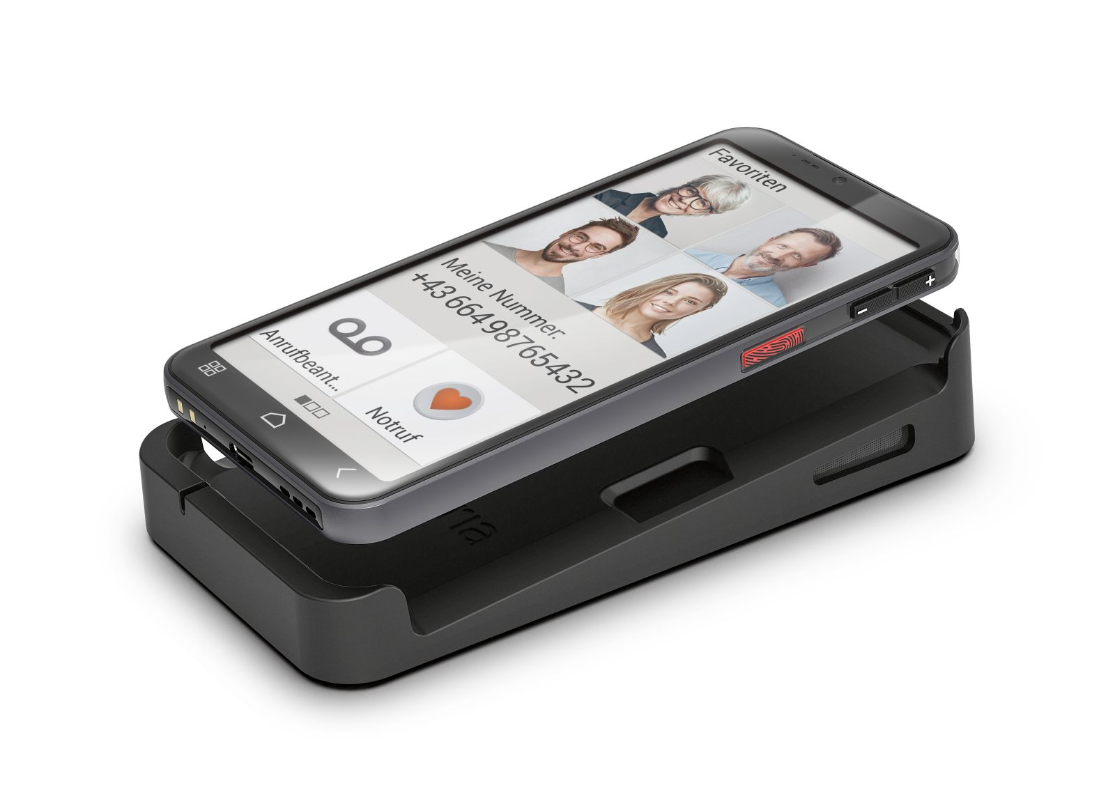 Ein Smartphone mit Kontakten und Notruf-Symbol, in einer Ladeschale.