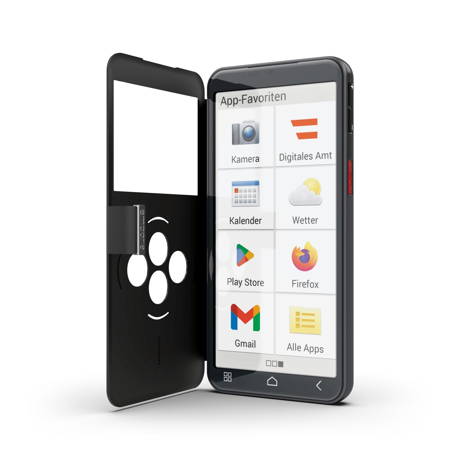 Ein Smartphone mit geöffneter Hülle, das App-Favoriten anzeigt, darunter Kamera, Wetter und Play Store.