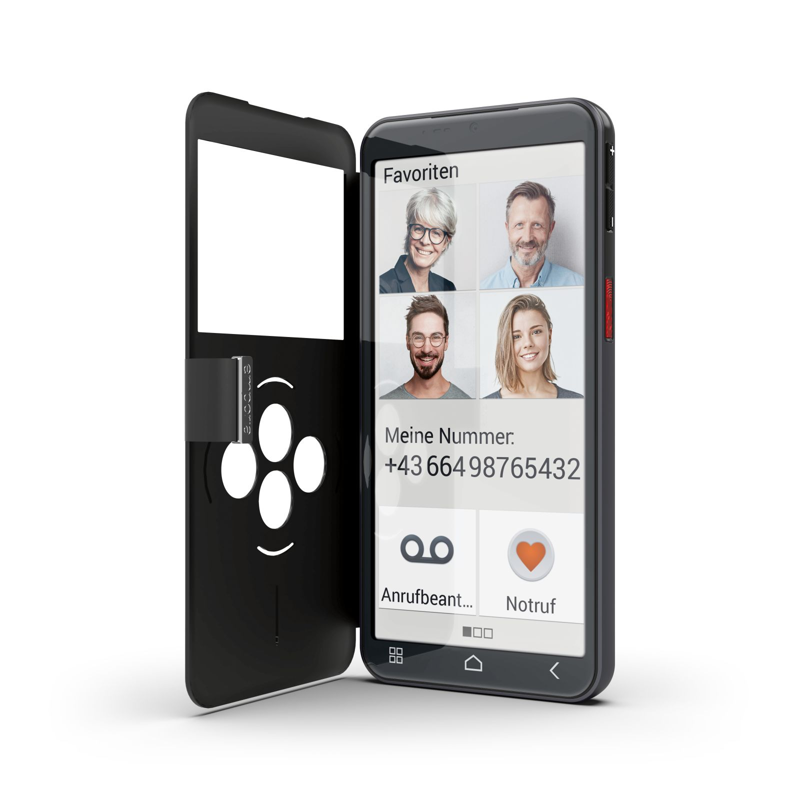 Smartphone mit aufgeschlagener Hülle, zeigt Kontakte und Telefonnummer.