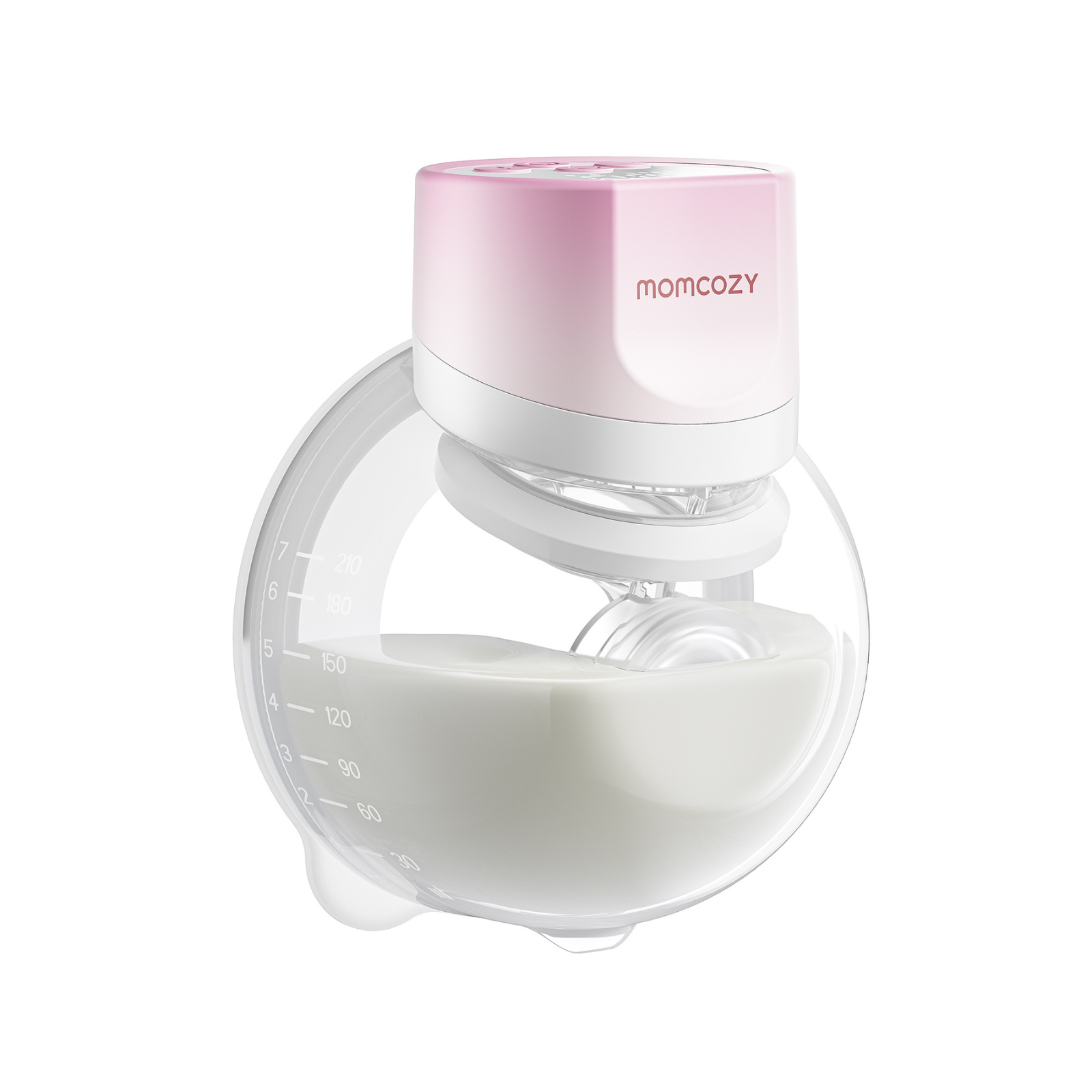 A pink and white breast pump attachment with a full bottle.