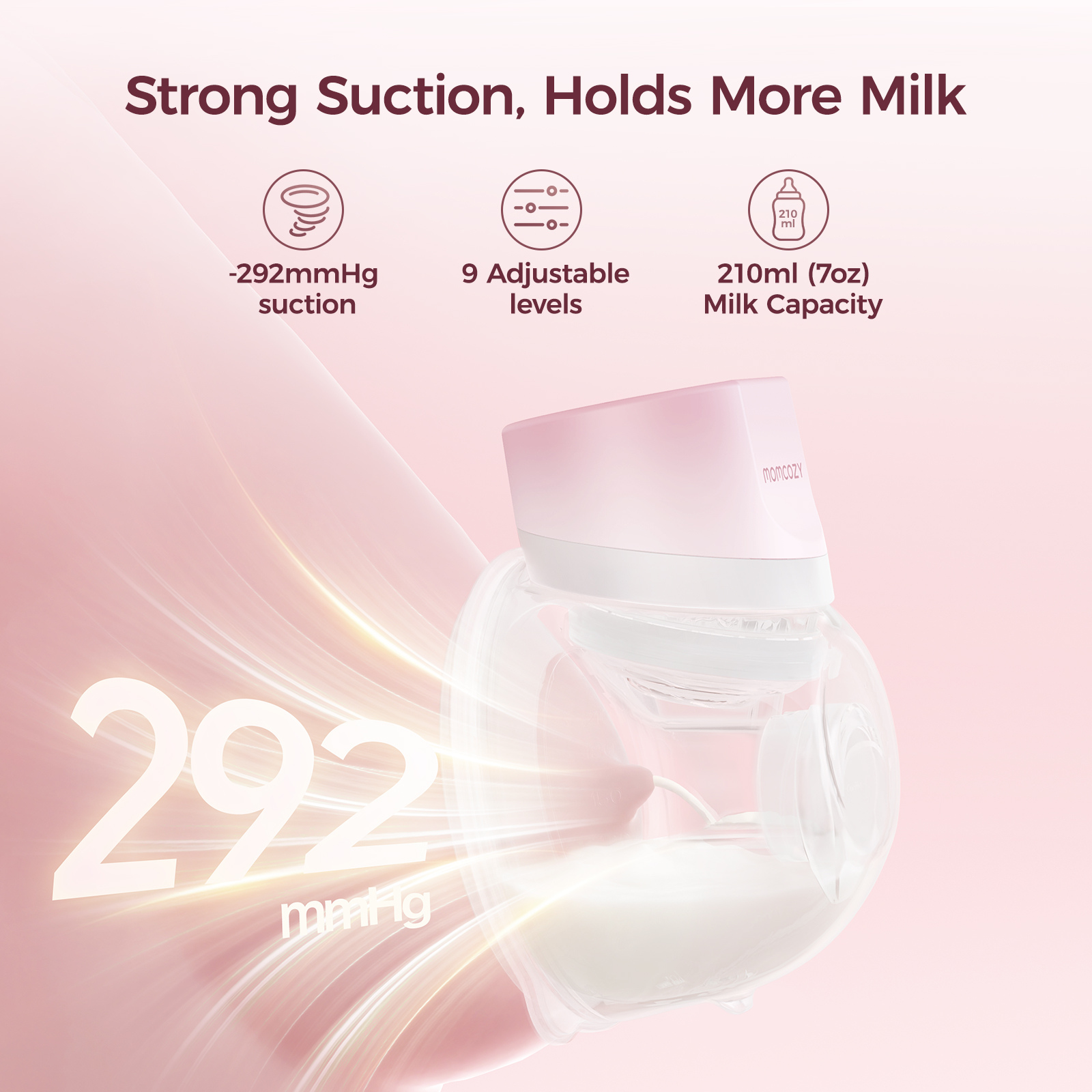A pink breast pump container with 292 mmHg suction and 210ml capacity.