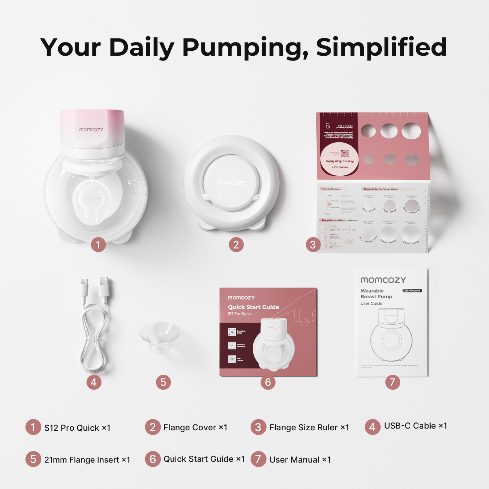 Momcozy breast pump parts: pump, flange, guides, cable & ruler.