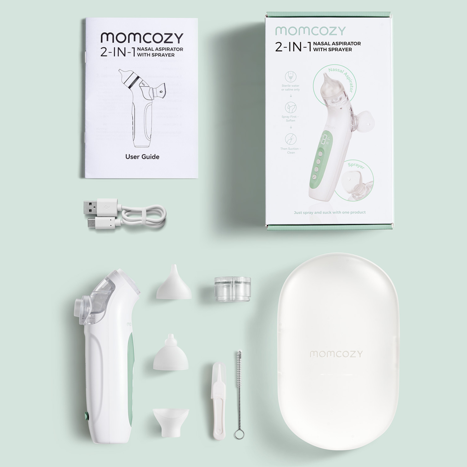 Aspirateur nasal MOMCOZY 2-en-1 avec pulvérisateur, accessoires, câble et guide.