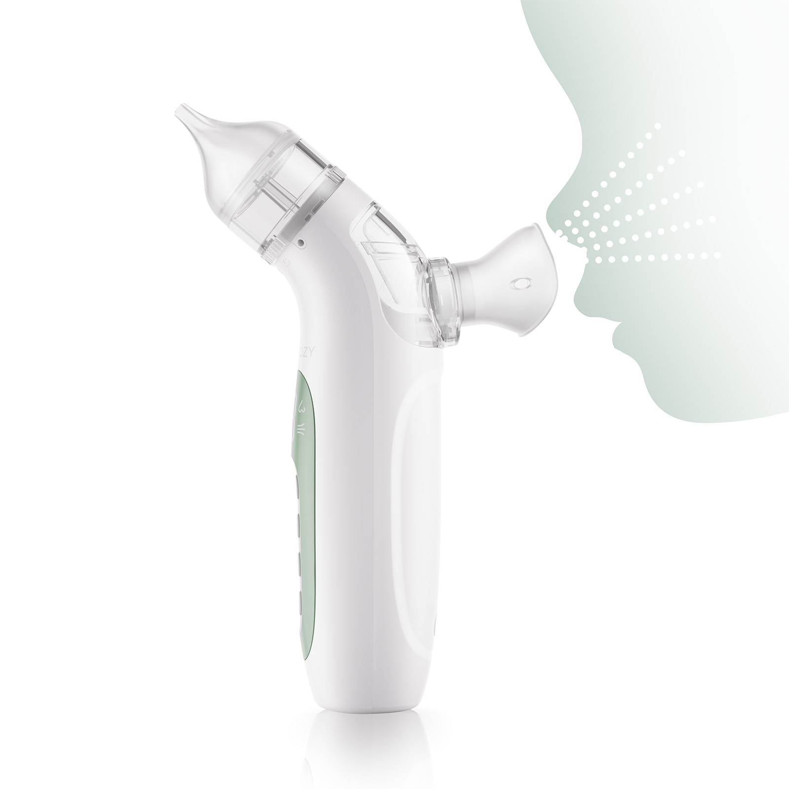 Un aspirateur nasal blanc avec une buse transparente et un panneau de commande vert.