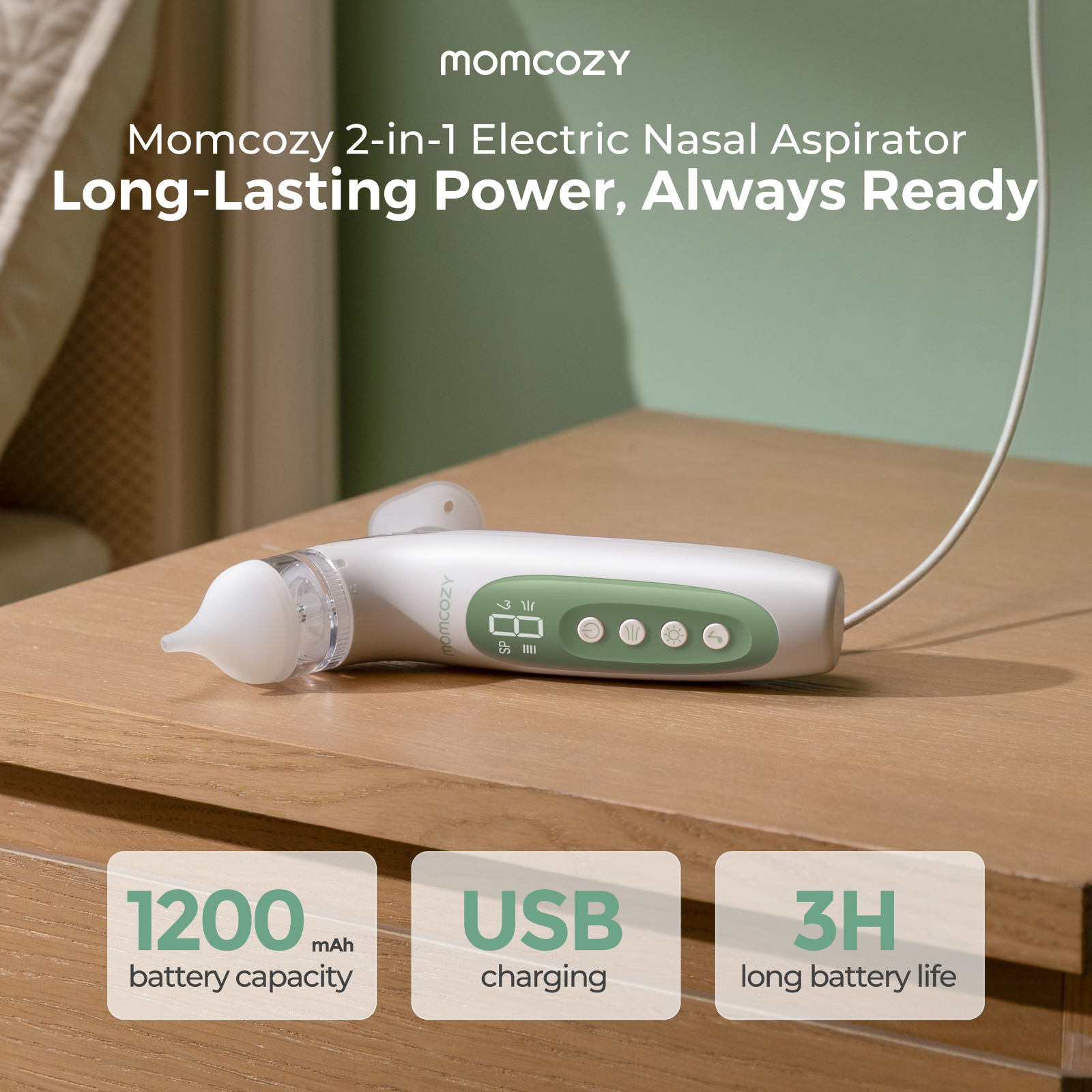 Un aspirateur nasal électrique Momcozy blanc avec batterie de 1200 mAh.