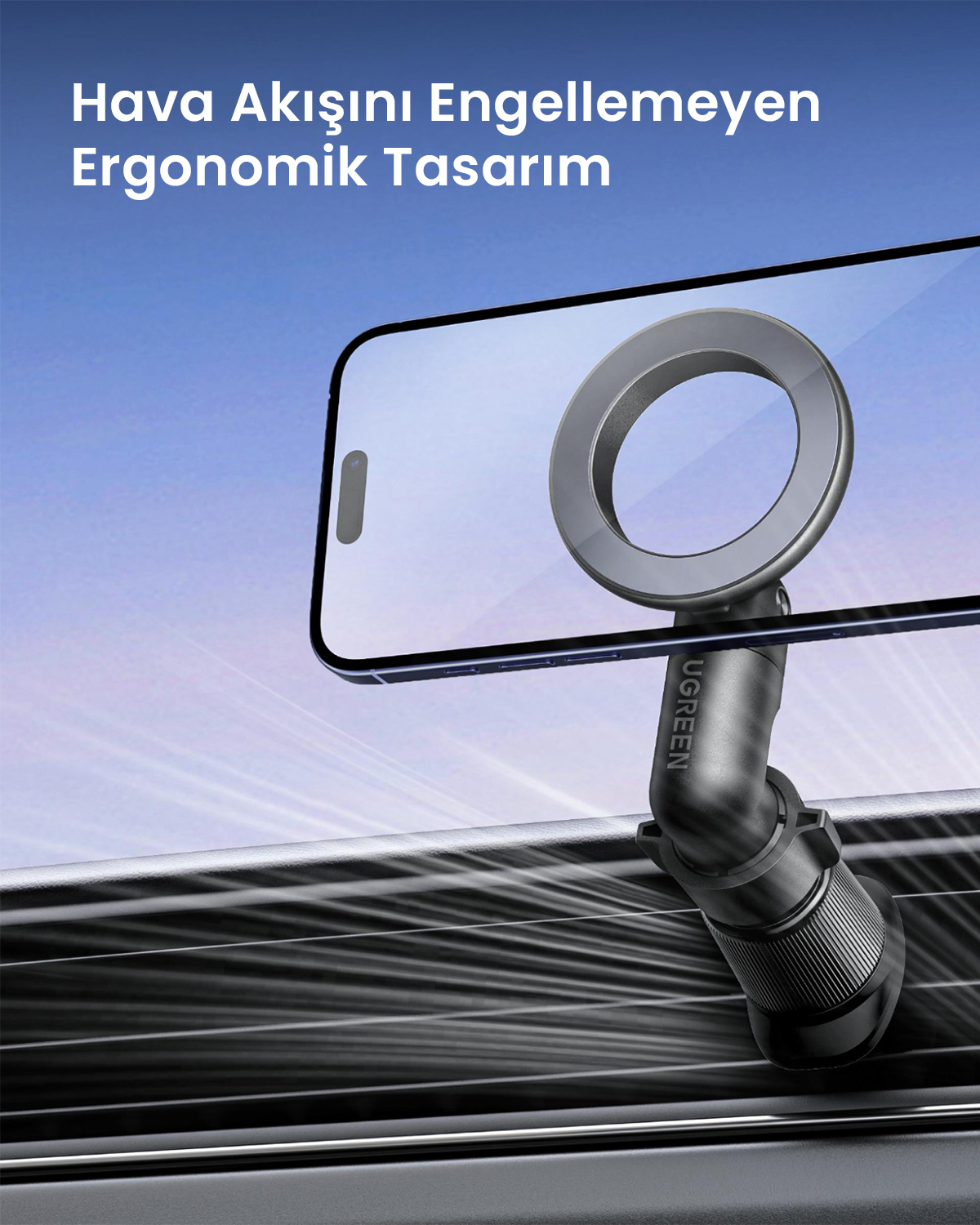 Czarny uchwyt na telefon z pierścieniem do smartfona w samochodzie z kratkami wentylacyjnymi.