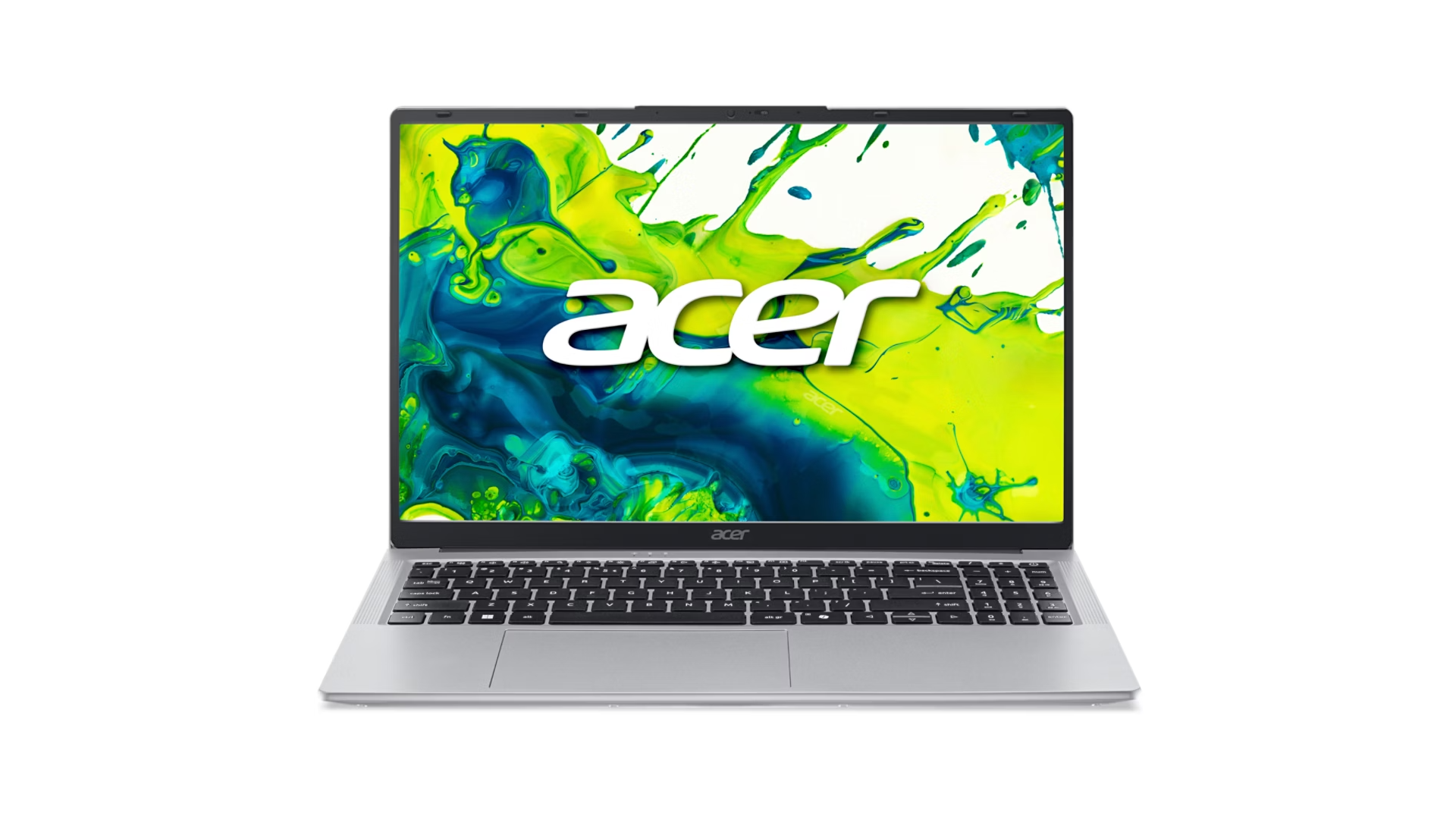 Laptop Acer argento con vivace schermo astratto a schizzi verdi e blu.