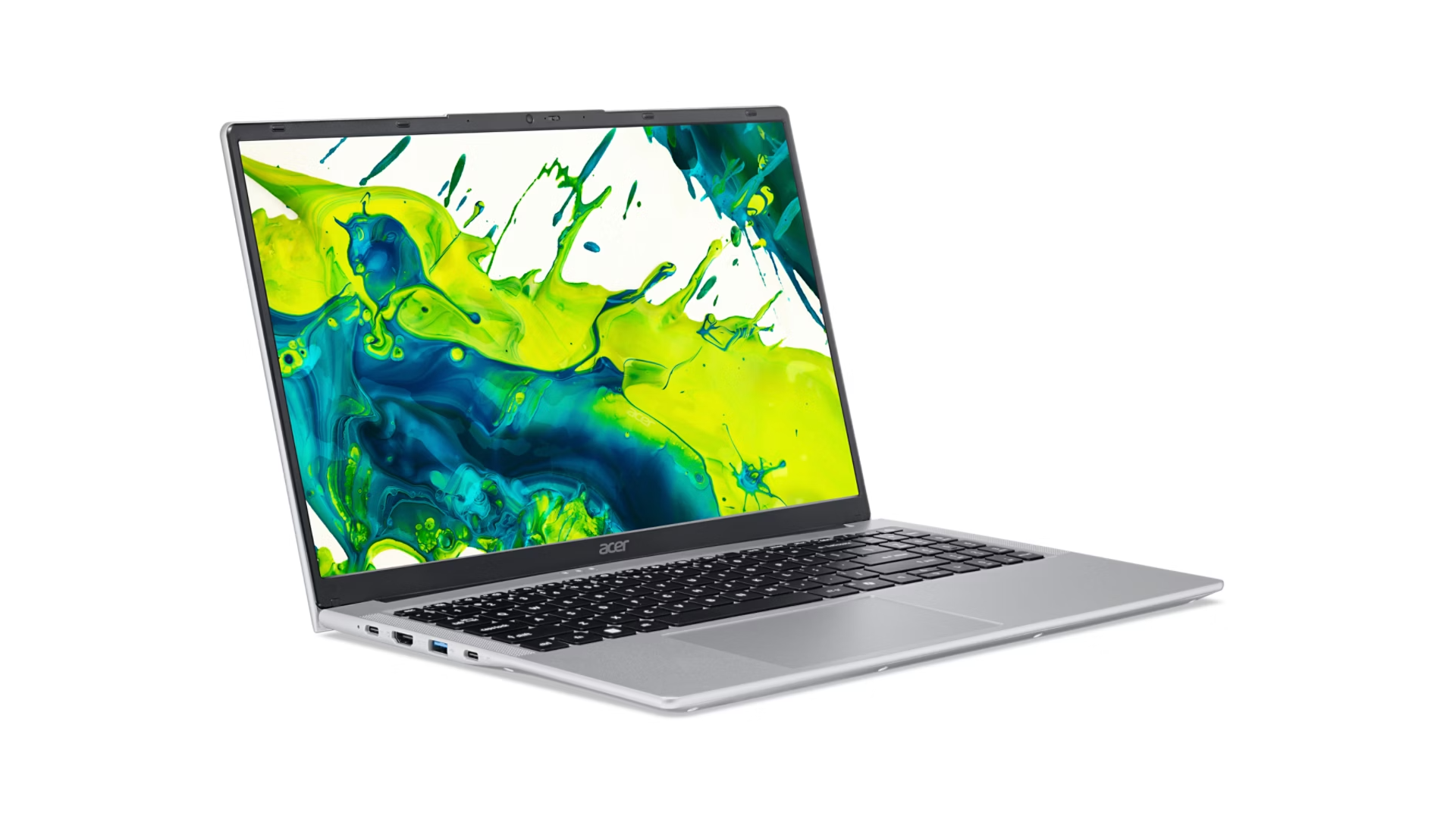 Un laptop Acer argentato con uno sfondo astratto e colorato sullo schermo.