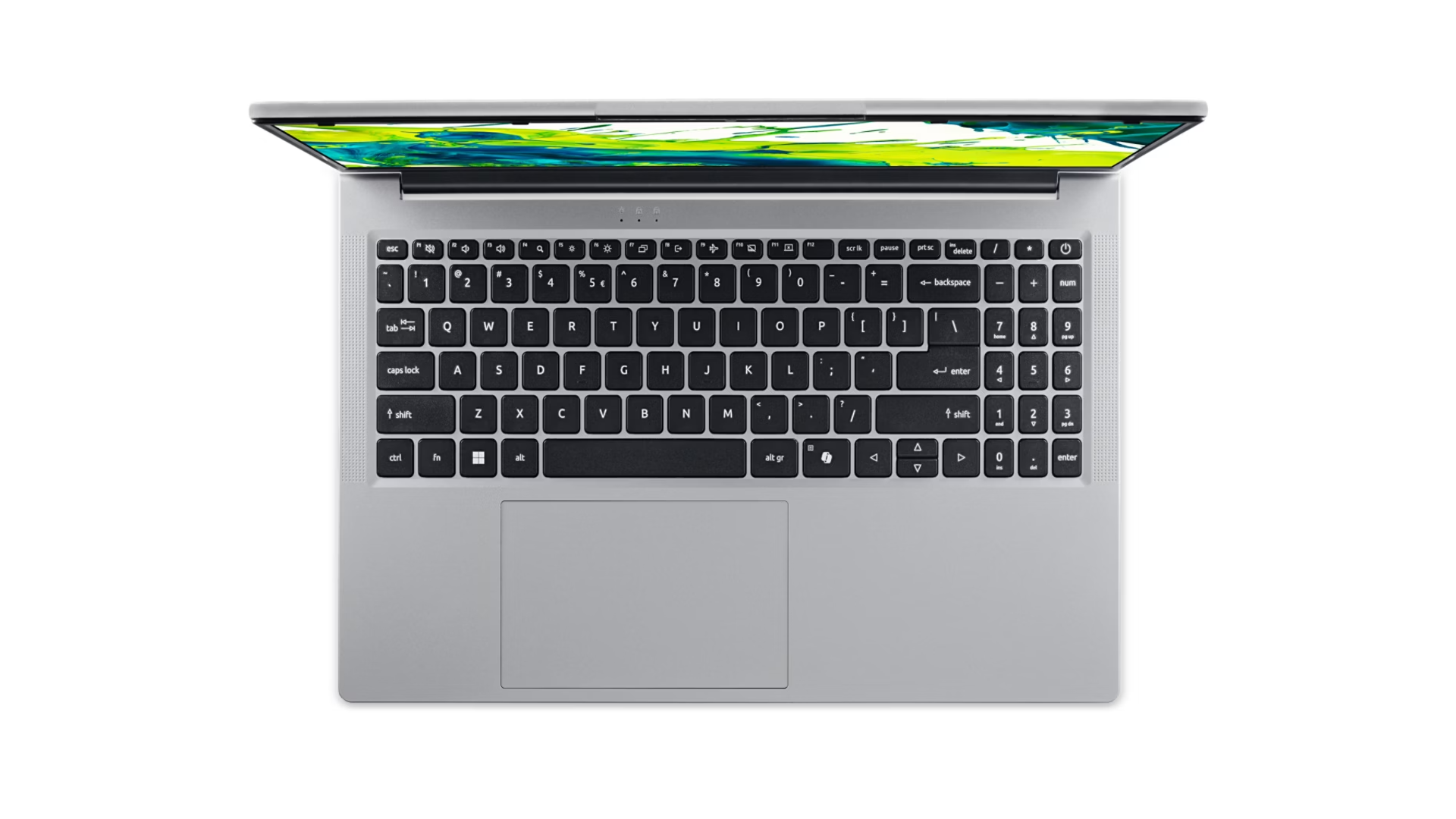 Un laptop argentato è aperto, mostrando parte del suo schermo con motivi astratti verdi e gialli.
