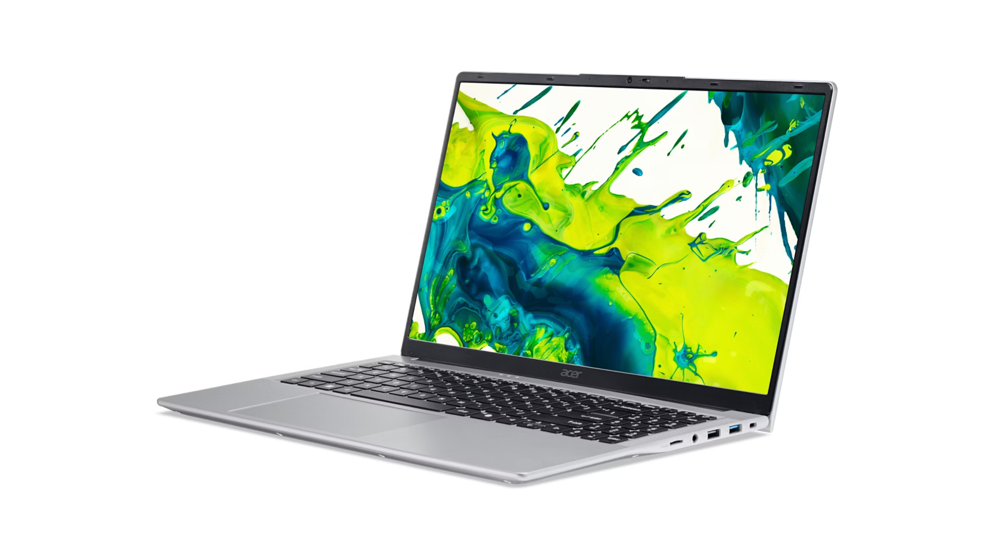 Un laptop argentato con uno sfondo di colori vivaci e schizzati visualizzato sullo schermo.