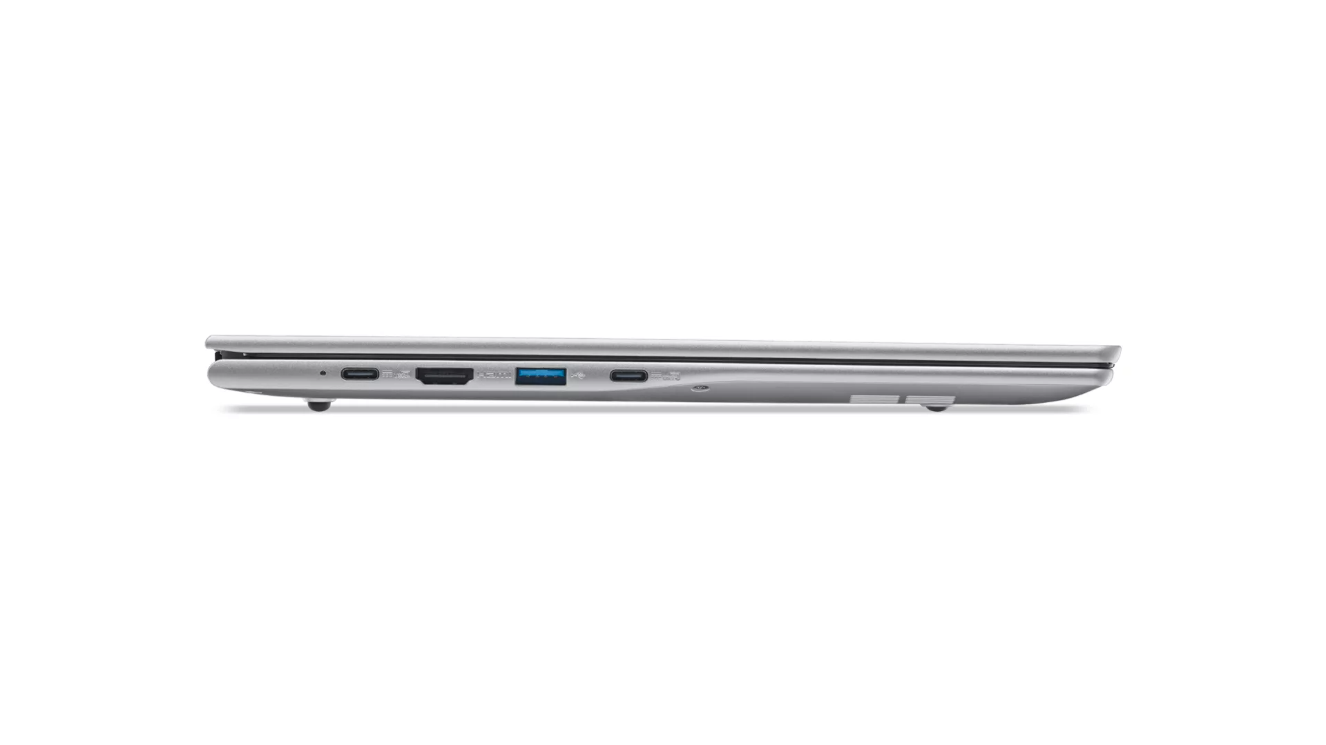 Profilo laptop argento con porte USB-C, HDMI e USB-A.