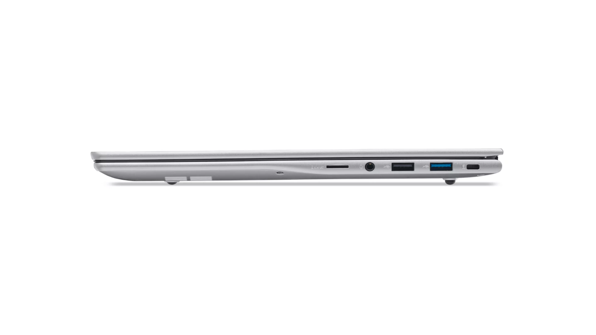 Profilo laptop argento con porte USB, scheda SD e cuffie.