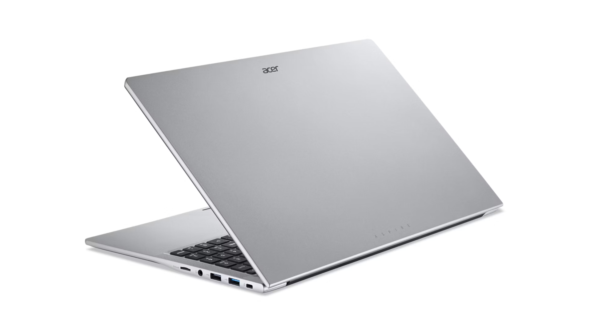 Un laptop Acer argentato con coperchio aperto, tastiera in primo piano.
