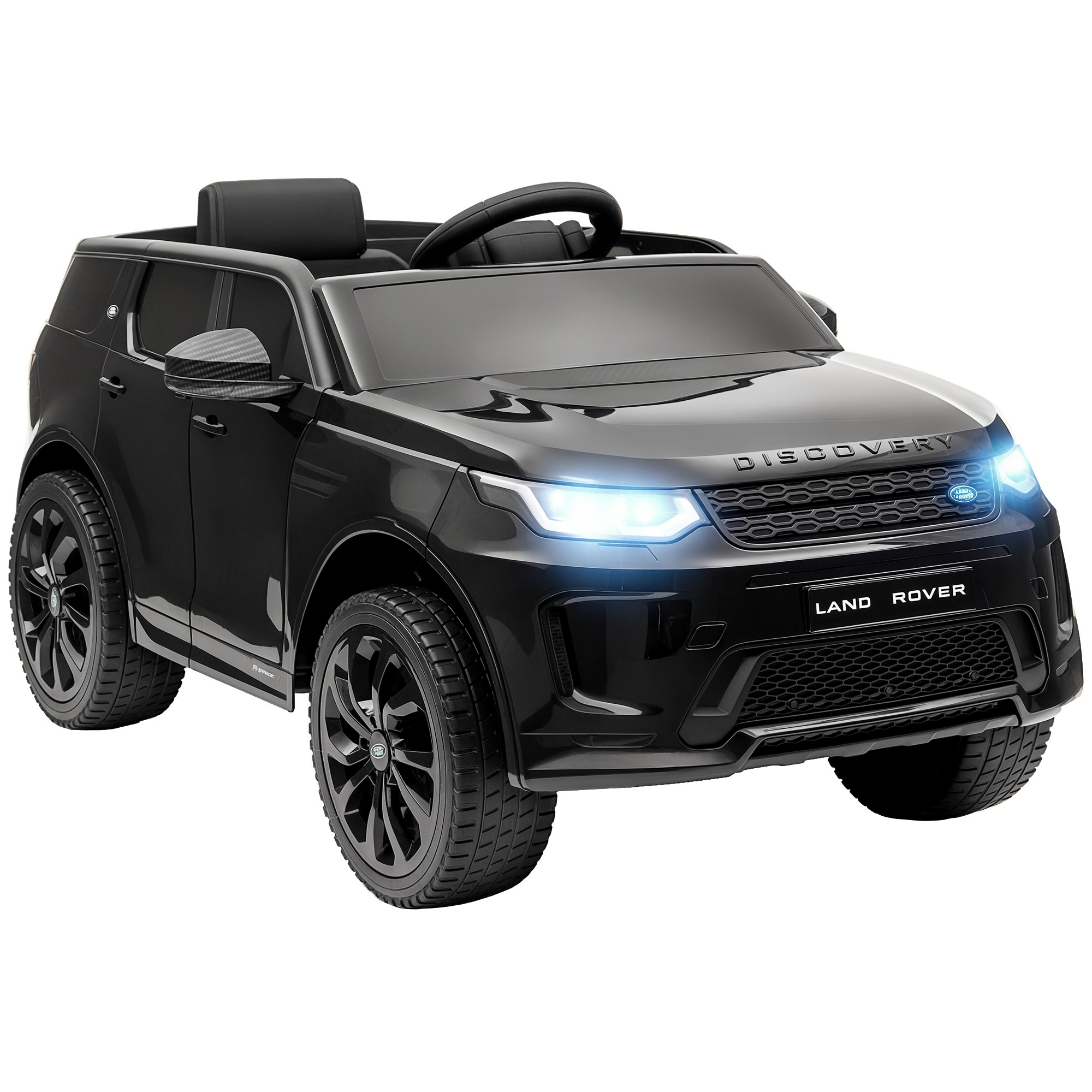 SUV giocattolo Land Rover nero con fari illuminati.