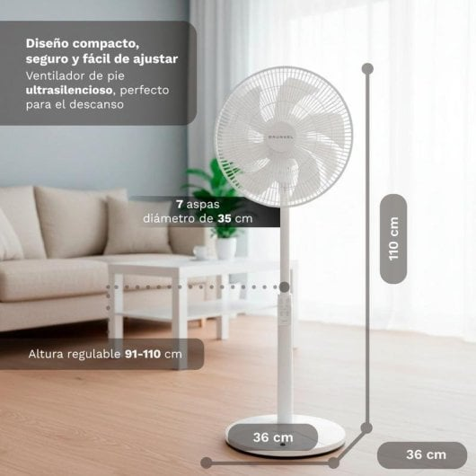 Ventilador de pie blanco con 7 aspas, diámetro 35cm, altura 110cm.