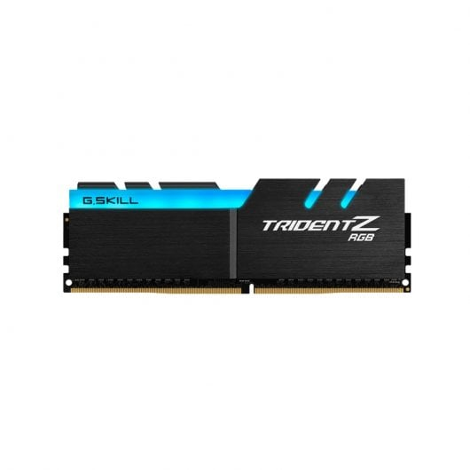 Een zwarte G.Skill TridentZ RGB RAM-module met blauwe verlichting.