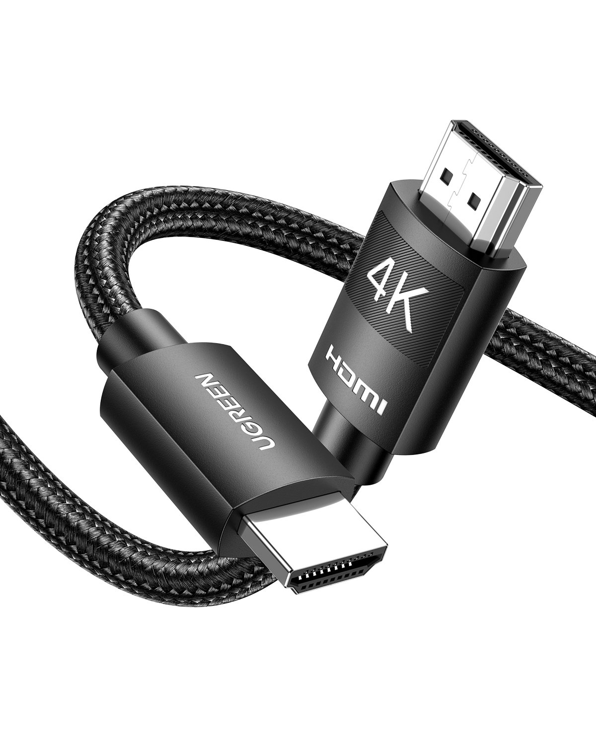 Örgülü dokuya sahip "4K" ve "UGREEN" etiketli siyah HDMI kablosu.
