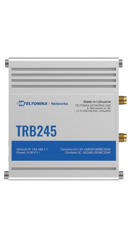 Silver Teltonika TRB245 device with connectors and labels.