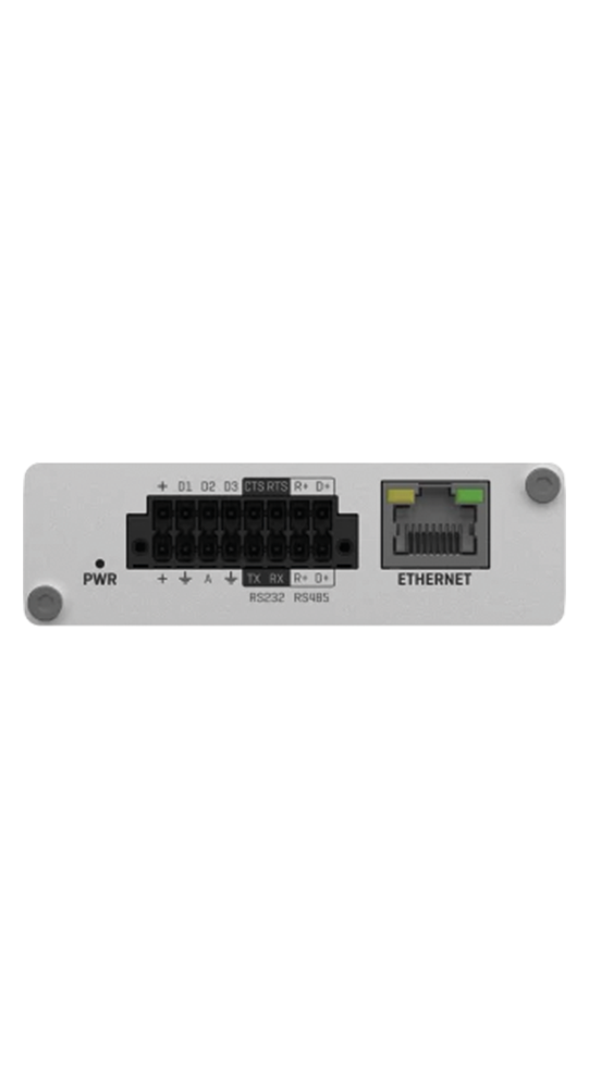 A gray device with PWR, RS232, RS485, and Ethernet ports.