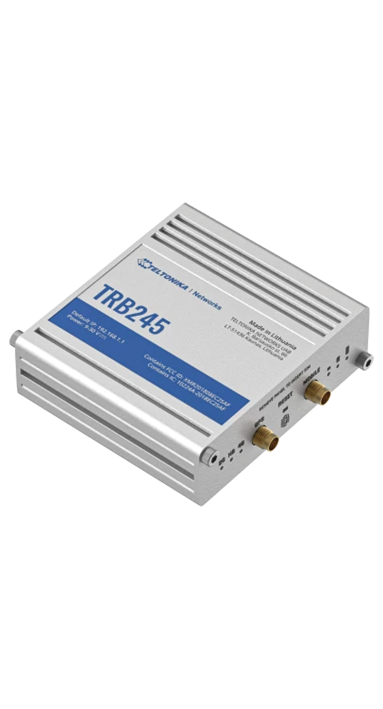 Silver Teltonika TRB245 router with ventilation slots and connectors.