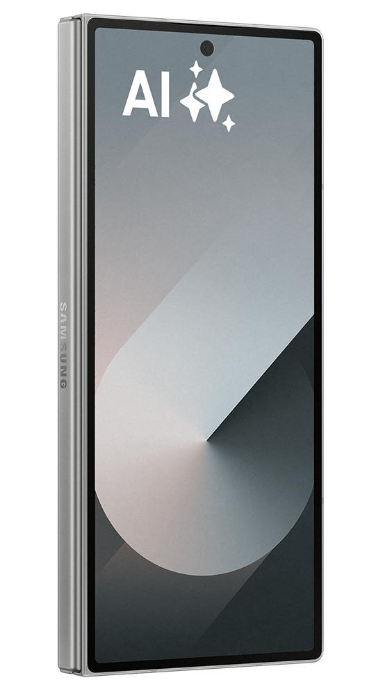 Silbernes Smartphone mit geschlossenem Bildschirm, seitlich mit Samsung-Logo.