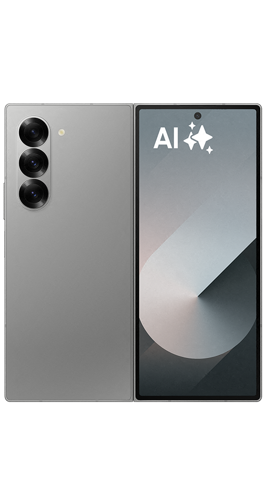 Ein silbernes Klapphandy, Rückseite mit drei Kameras, Vorderseite mit "AI"-Logo.