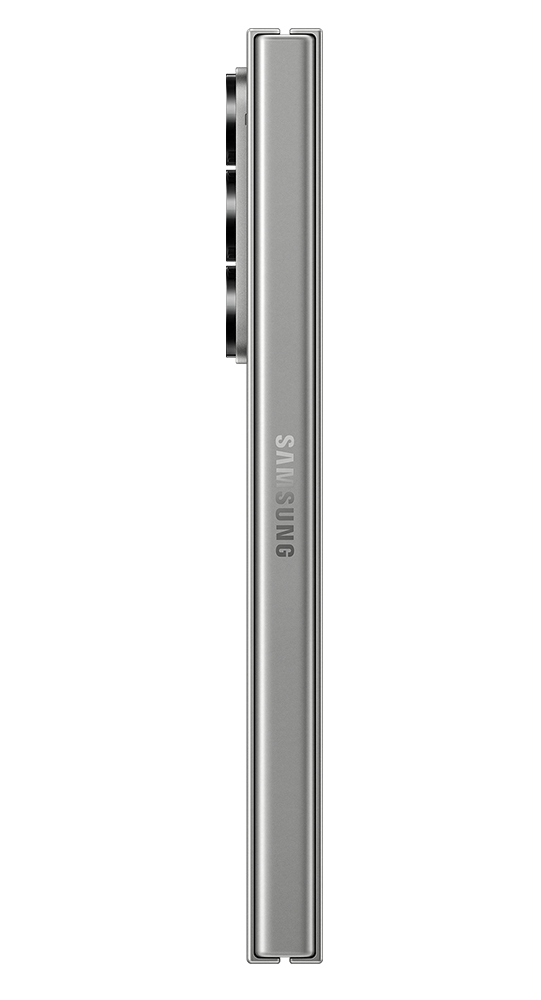 Silbernes Smartphone im Profil mit Kameras und Samsung-Logo.