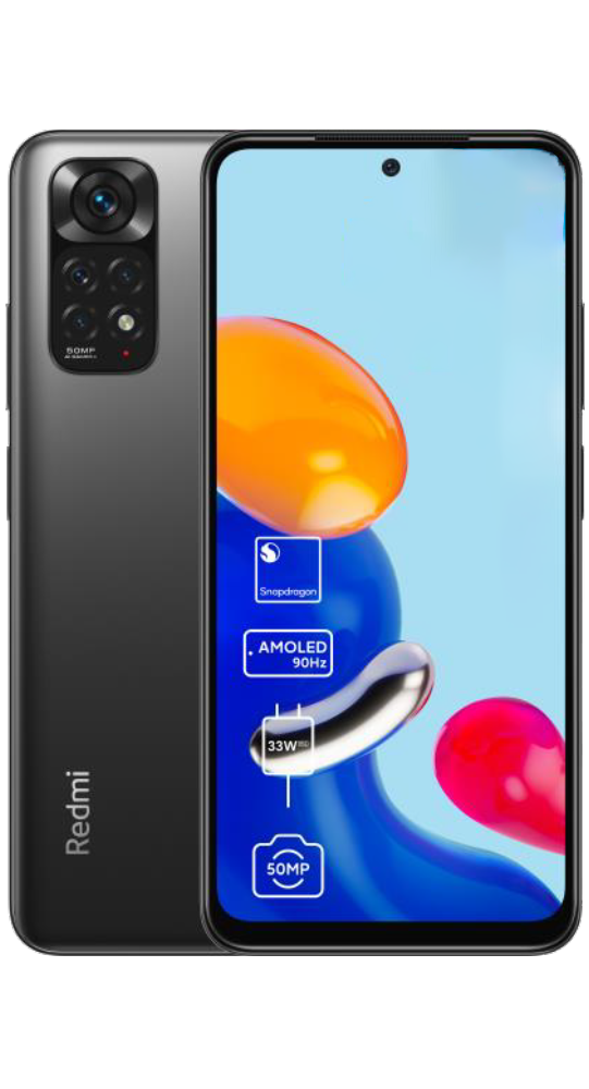 Szary smartfon Redmi z modułem aparatu i ekranem wyświetlającym grafikę.