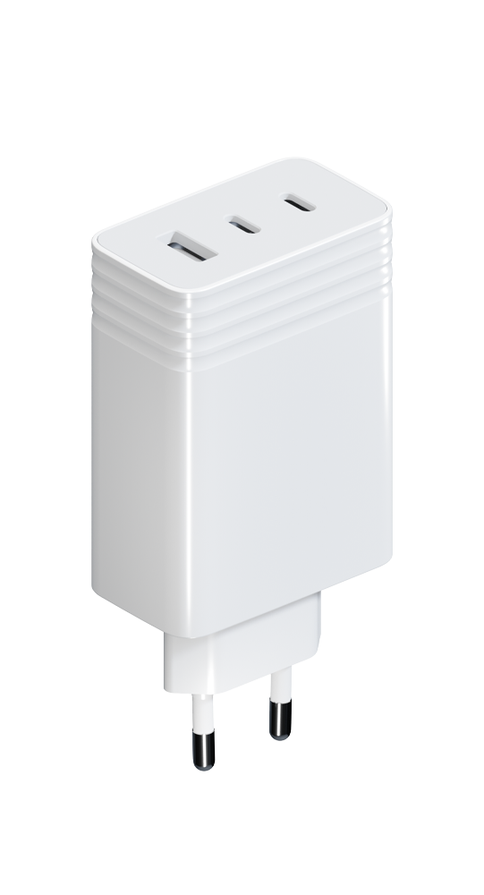 Ein weißer Netzstecker mit drei USB-Anschlüssen und zwei Steckern.