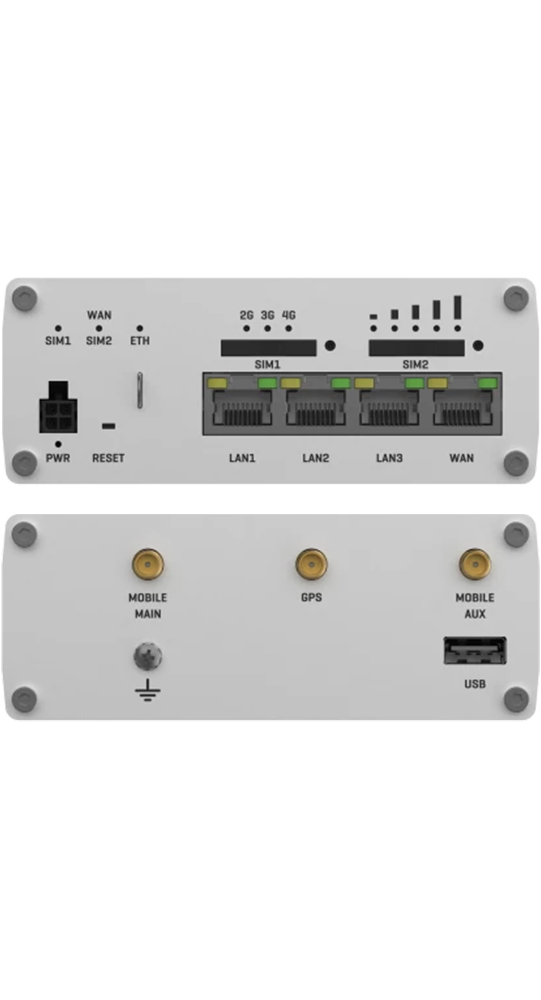 Device front and back with ports: LAN, WAN, SIM, USB, GPS, Power, and Reset.