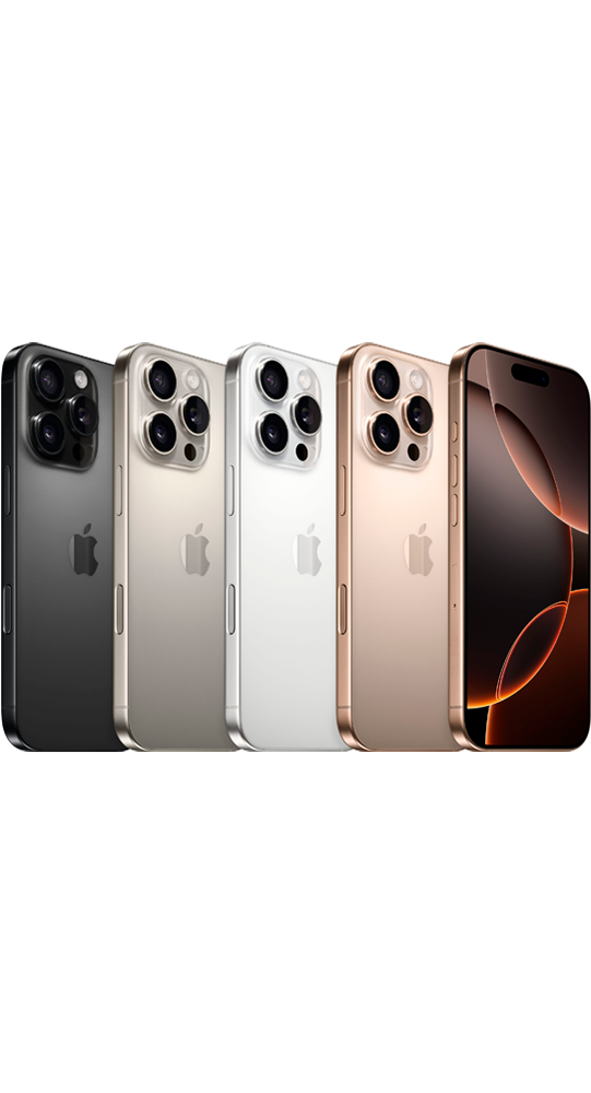 Five iPhones in black, grey, white, gold, and gold with a black screen.