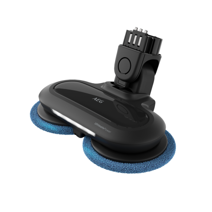 Fregadora de suelos AEG negra con almohadillas azules y conector de carga.