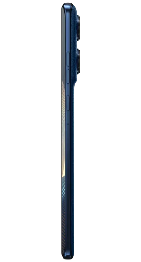 Dark blue smartphone in side profile with camera modules and buttons.