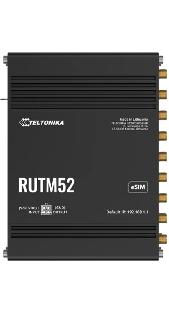 Czarny router Teltonika RUTM52 z wieloma portami i eSIM.